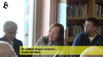 Al mig Rosa Maria Noguer (autora del llibre), amb M. Dolors Figueras (presentadora) i Marc Puig (alcalde de Les Planes)